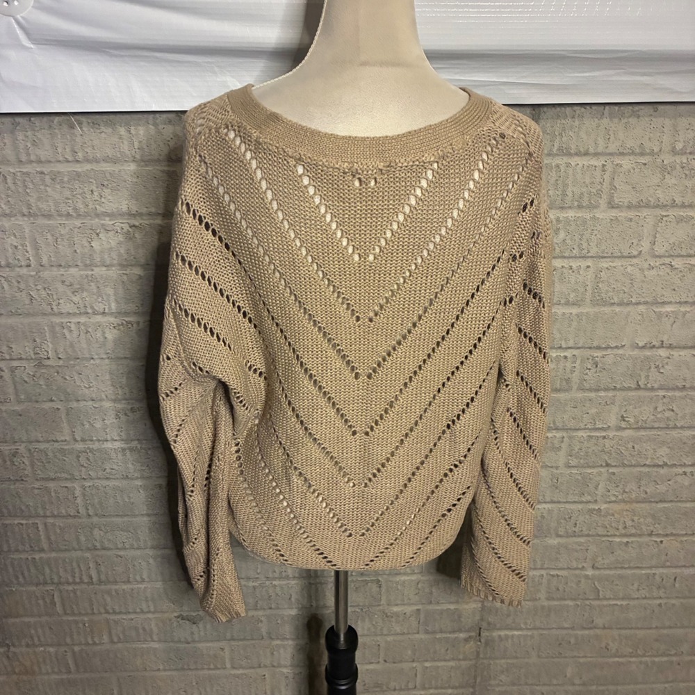 RD Style Womens Tan Pointelle Open‎ Knit Chevron Button Front Cardigan Sweater L - Picture 5 of 6